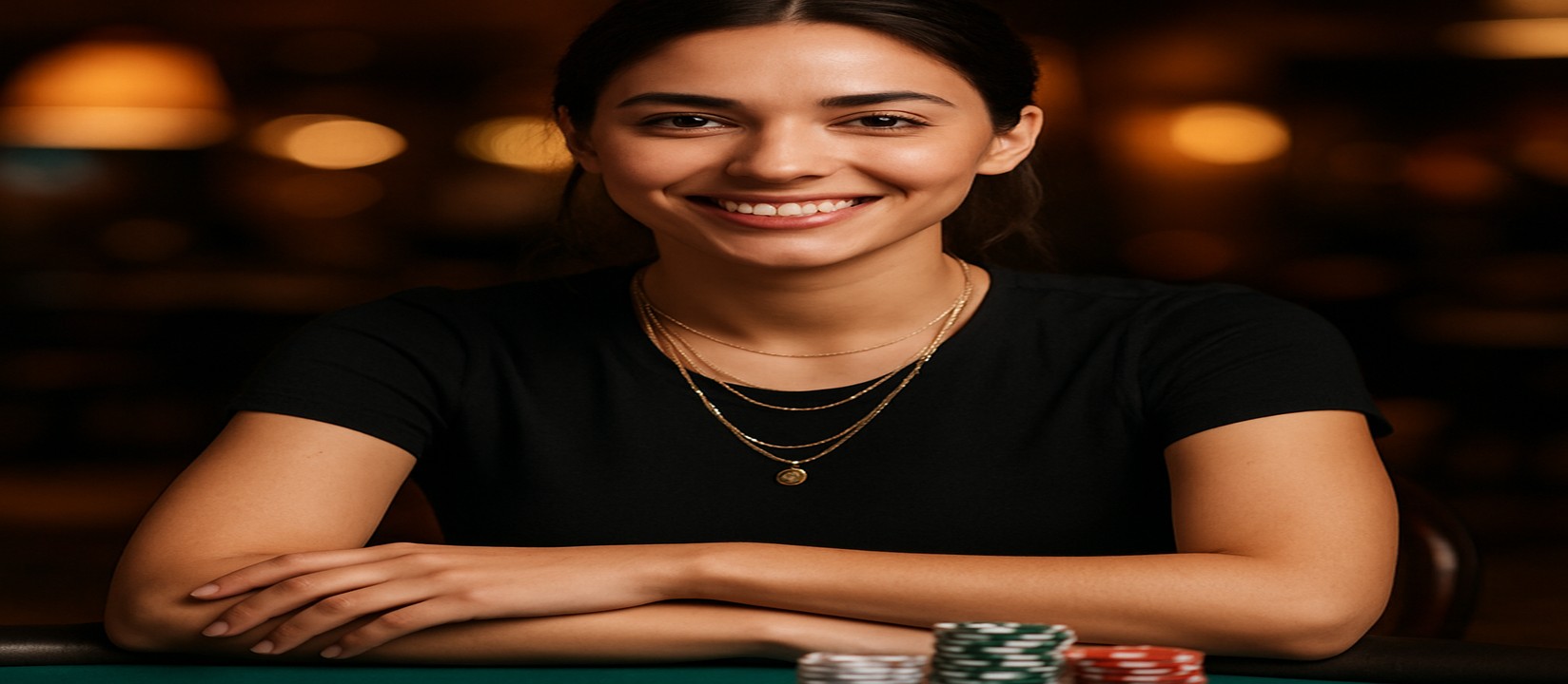 একটি হাসিখুশি নারী t9-এ গেমিং প্ল্যাটফর্মে কার্ড টেবিলের সামনে টোকেন ও কার্ড রেখে বিস্তৃত গেমের নির্বাচনের সুযোগ দেন