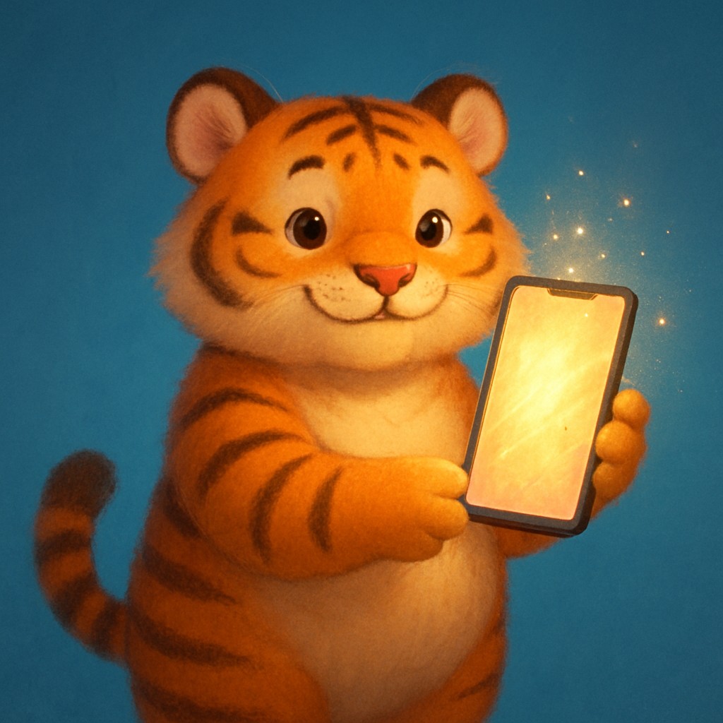 একটি কার্টুন বাঘশাবক, যিনি স্মার্টফোনে t9 অ্যাপ ব্যবহার করছেন