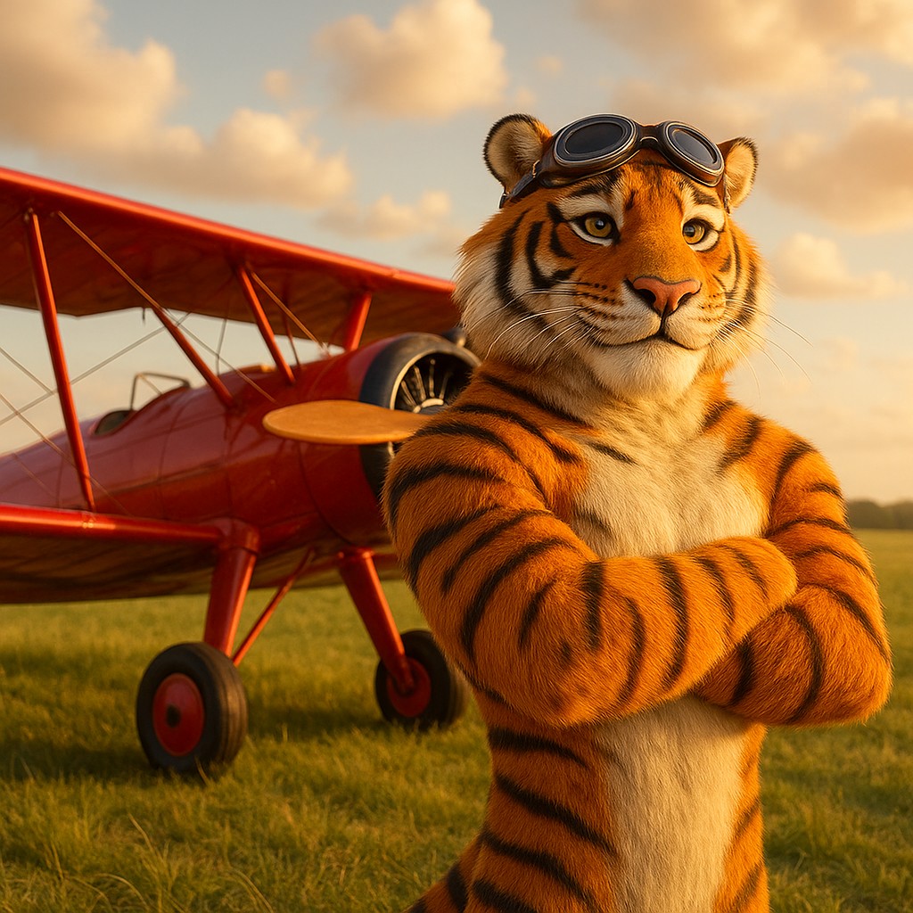 এভিয়েটর গেমটির চিহ্ন হিসেবে লাল রঙের বিমানের পাশে দাঁড়িয়ে থাকা টাইগার পাইলট