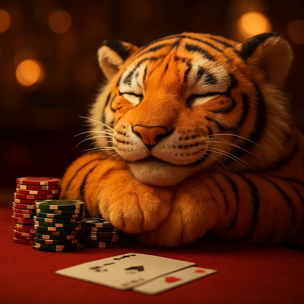 t9 গেমিং প্ল্যাটফর্মে একটি হাসিখুশি টাইগার শাবক গেম টেবিলে চিপস নিয়ে বসে আছে