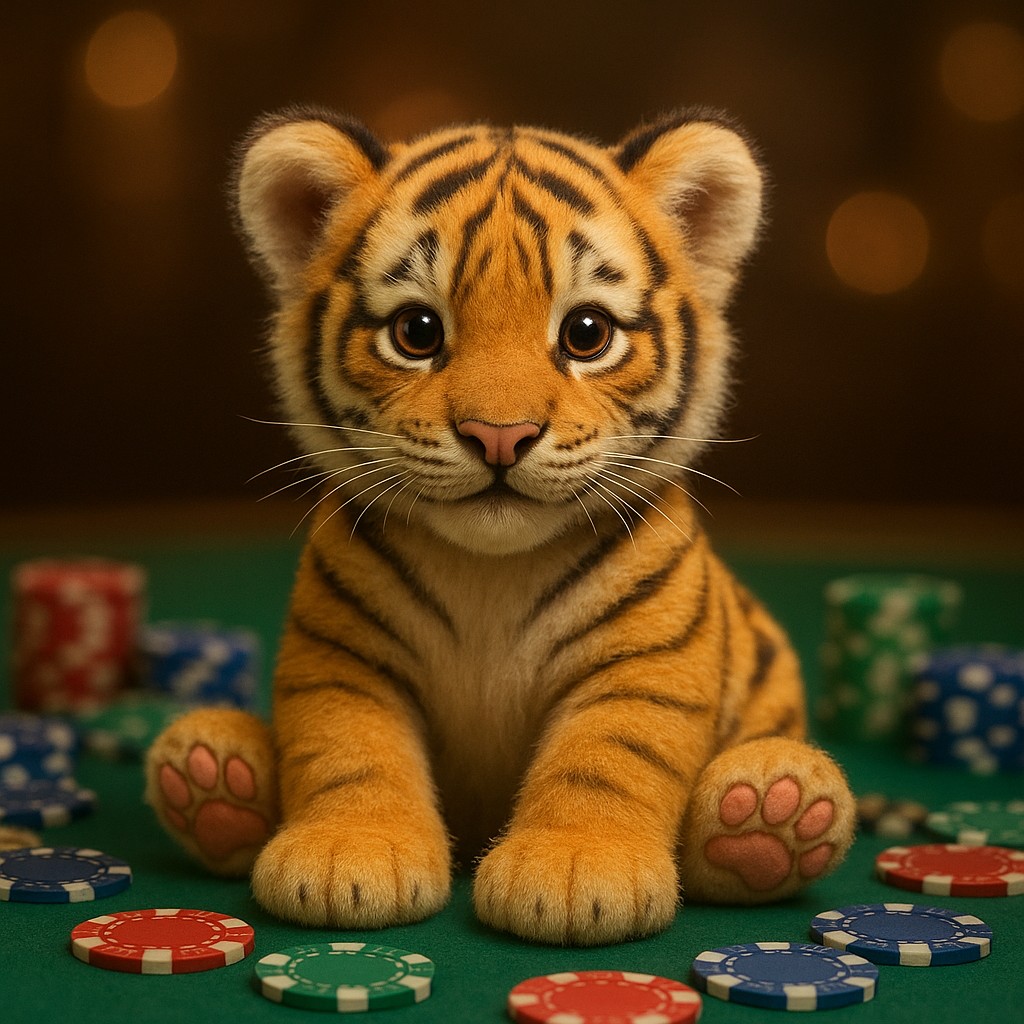 একটি টেবিলের ওপর একটি বাঘের বাচ্চা বসে আছে, সামনে বিভিন্ন রঙের টোকেন রাখা