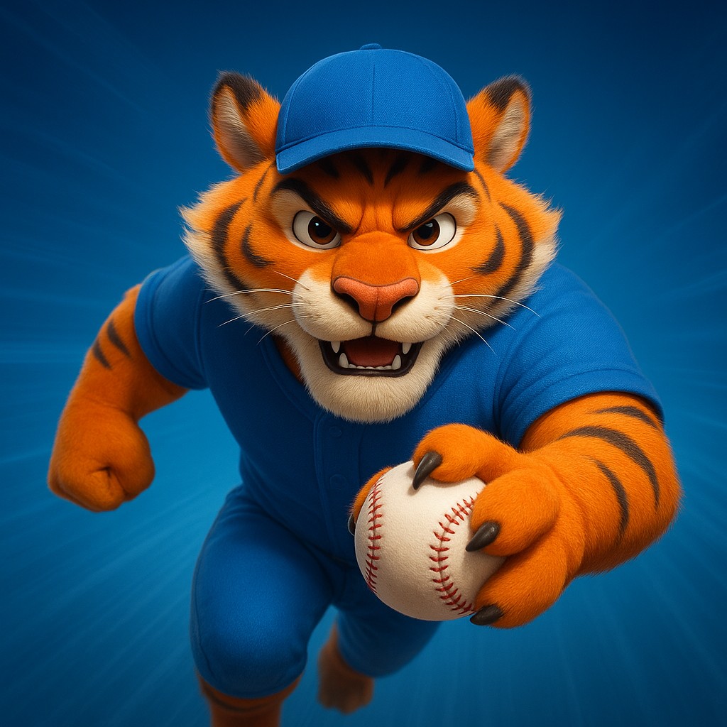 t9 ক্রিকেট গেমিংয়ের প্রতীক হিসেবে ইউনিফর্ম পরা এক আনন্দিত টাইগার শাবকের হাতে বল রয়েছে