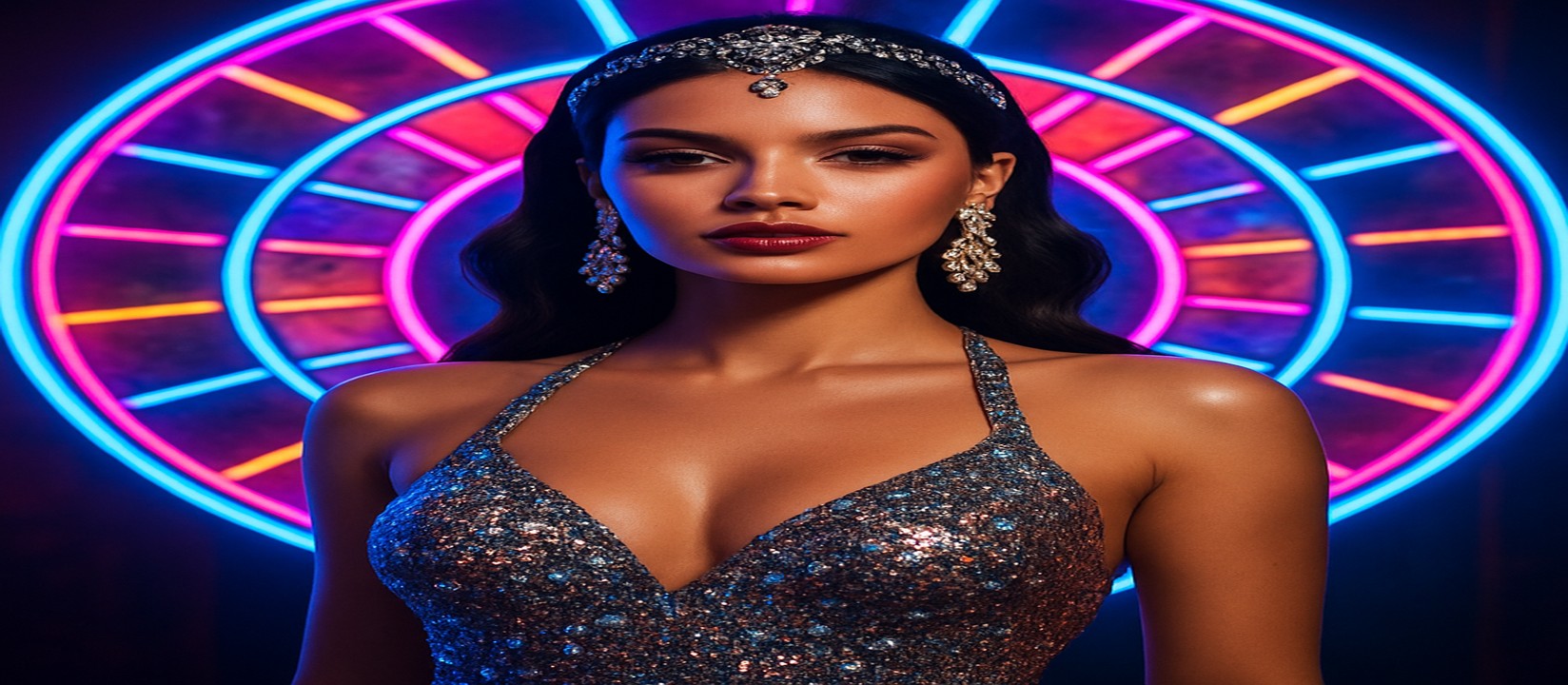 চাকার সামনে দাঁড়িয়ে থাকা একটি নারী, উজ্জ্বল পোশাকে এবং রঙিন গেমিং