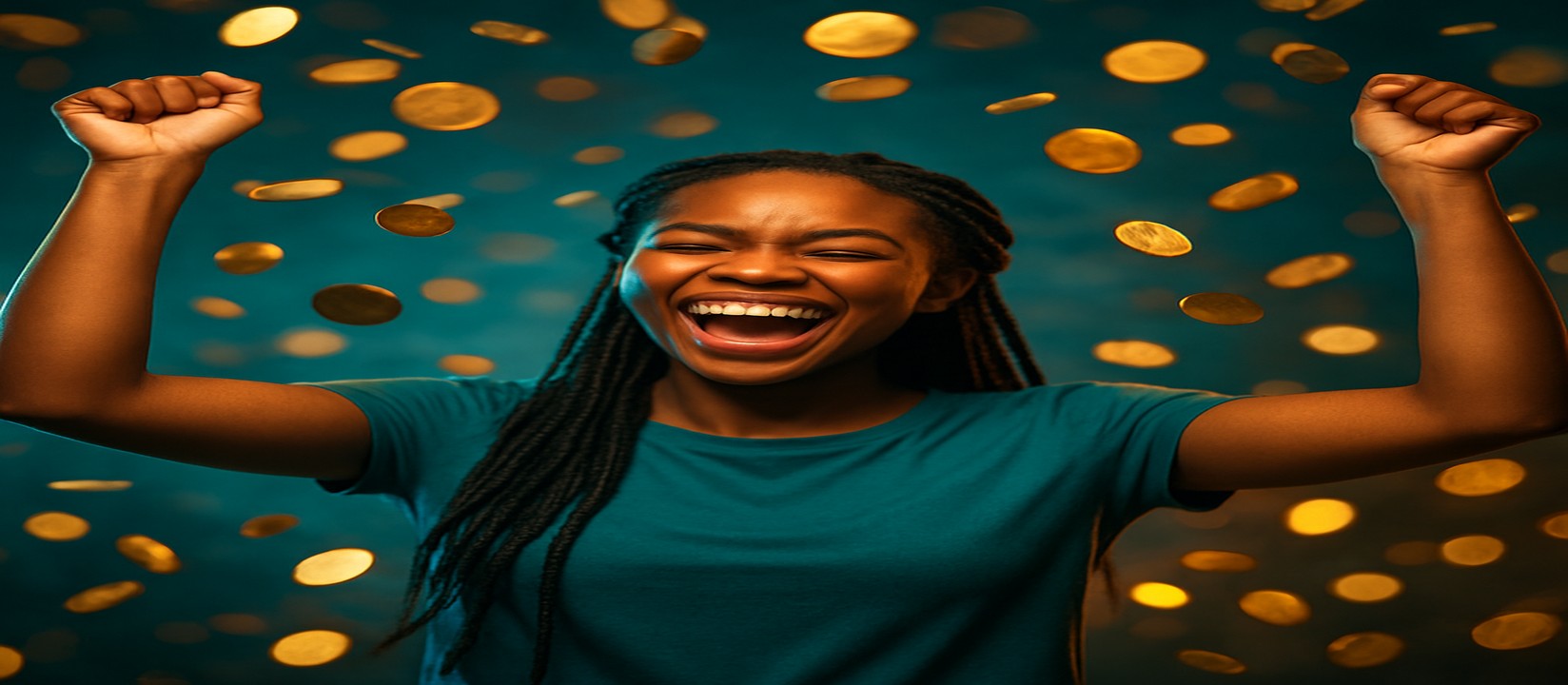 মুদ্রার বৃষ্টির মধ্যে রঙিন পোশাকে একজন নারী