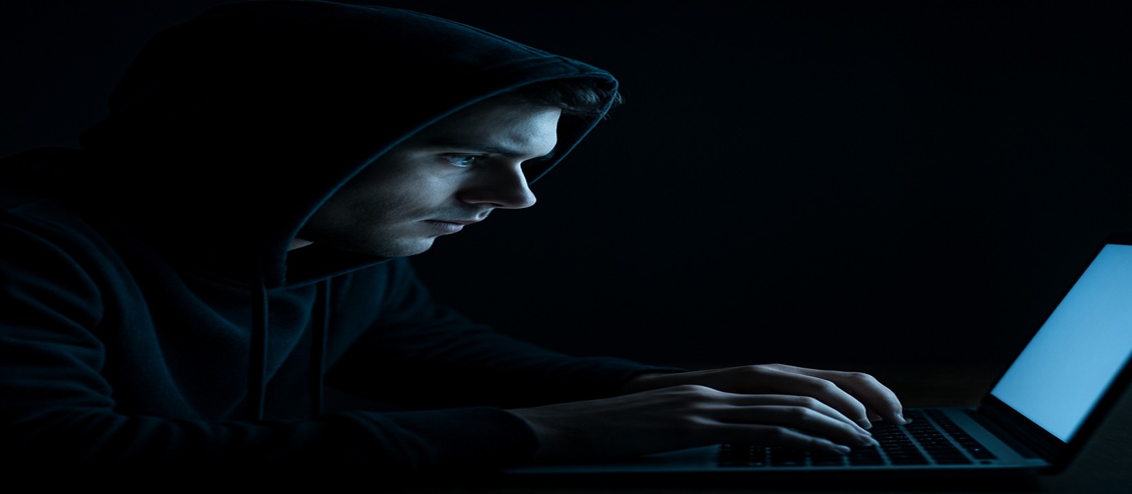 অন্ধকার ঘরে ল্যাপটপের সামনে মনোযোগী একজন ব্যক্তি, t9 ওয়েবসাইটে অনলাইন গেম খেলার জন্য